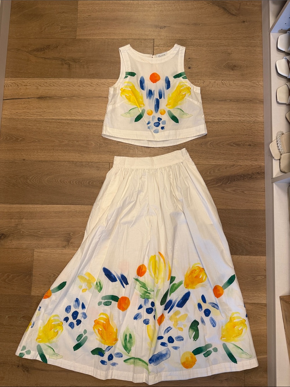 Hand-Painted Floral White Two-Piece Women's Set